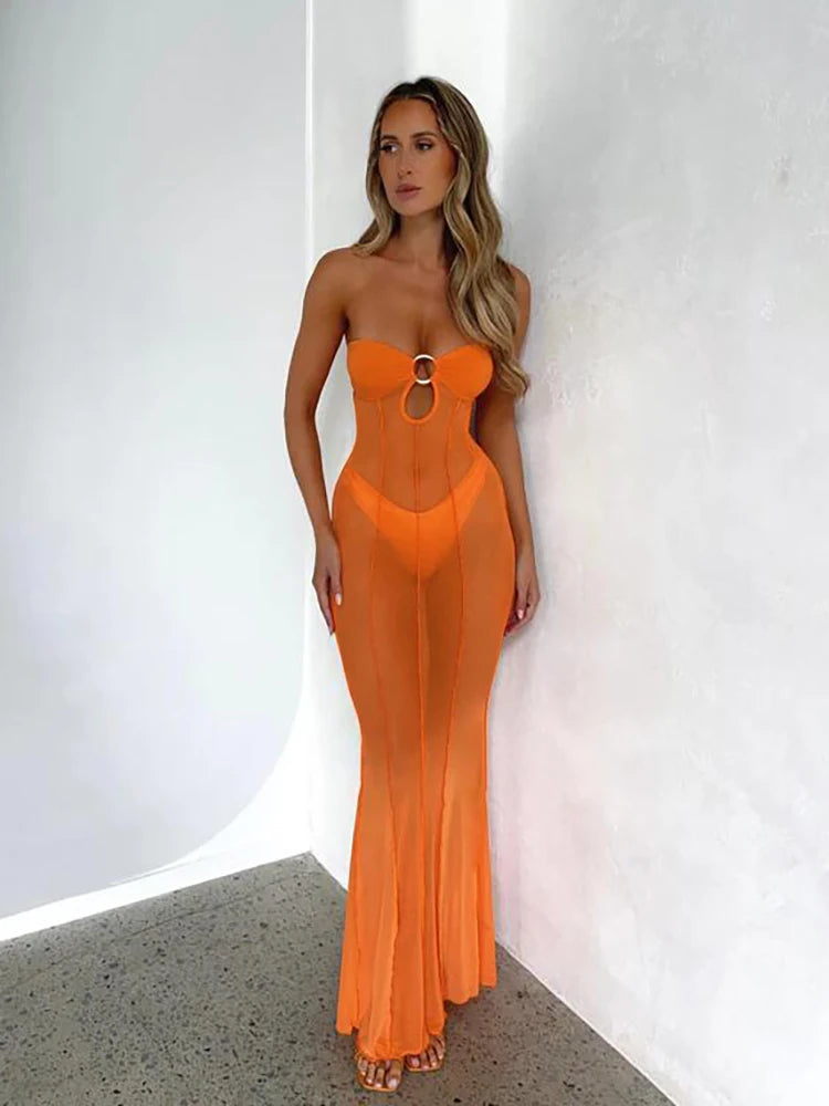 Nibber Patchwork See Through Maxi Slim Dress Women Sexy Mesh Coquette Strapless Fit Beach Party Recreation Metal Ring Vestido