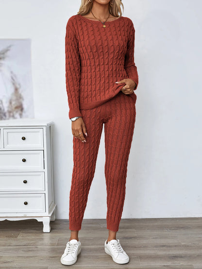 Solid Knitted Matching Two-piece Set  Casual Long Sleeve Sweater & Pants Outfits  Women's Clothing