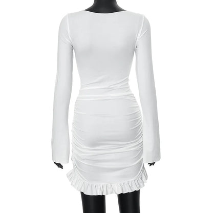 BKQU Ruched Bodycon Dress Women Sexy Long Sleeve Twist Ruffles Hem Mini Dresses Autumn White Elegant Club Party Short Vestidos