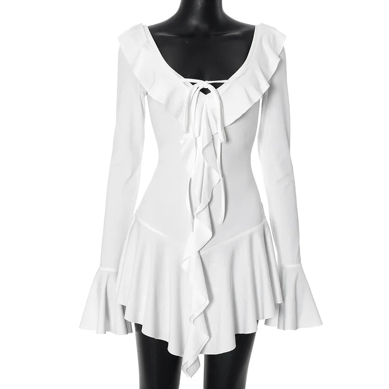 TARUXY White Deep V Neck Ruffled Dress For Women Long Flare Sleeve Autumn Fashion Beach Party Short Dresses Female Sexy Slim