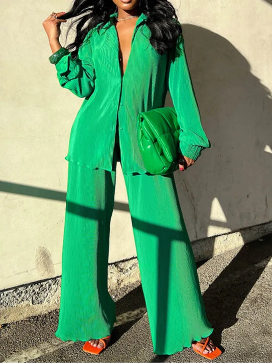 QFAF Fashion Pleated Women's Set Long Sleeve Oversized Shirt and Wide Leg Pants 2023 Elegant Tracksuit Two 2 Piece Set Outfits