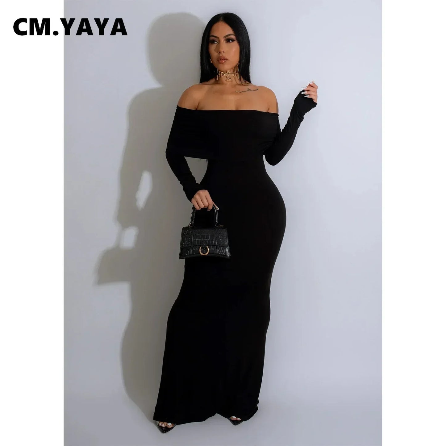 CM.YAYA Women Off Shoulder Butterfly Long Sleeve Bodycon Midi Maxi Dress 2023 Autumn Street Evening Vestidos Sexy Party Dresses