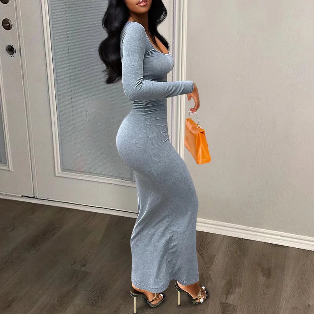 Women Dresses Long Sleeve Sheath Square Collar Slim Fit Dress Vestidos Slight Strech Streetwear Solid Sexy Wrap Buttocks