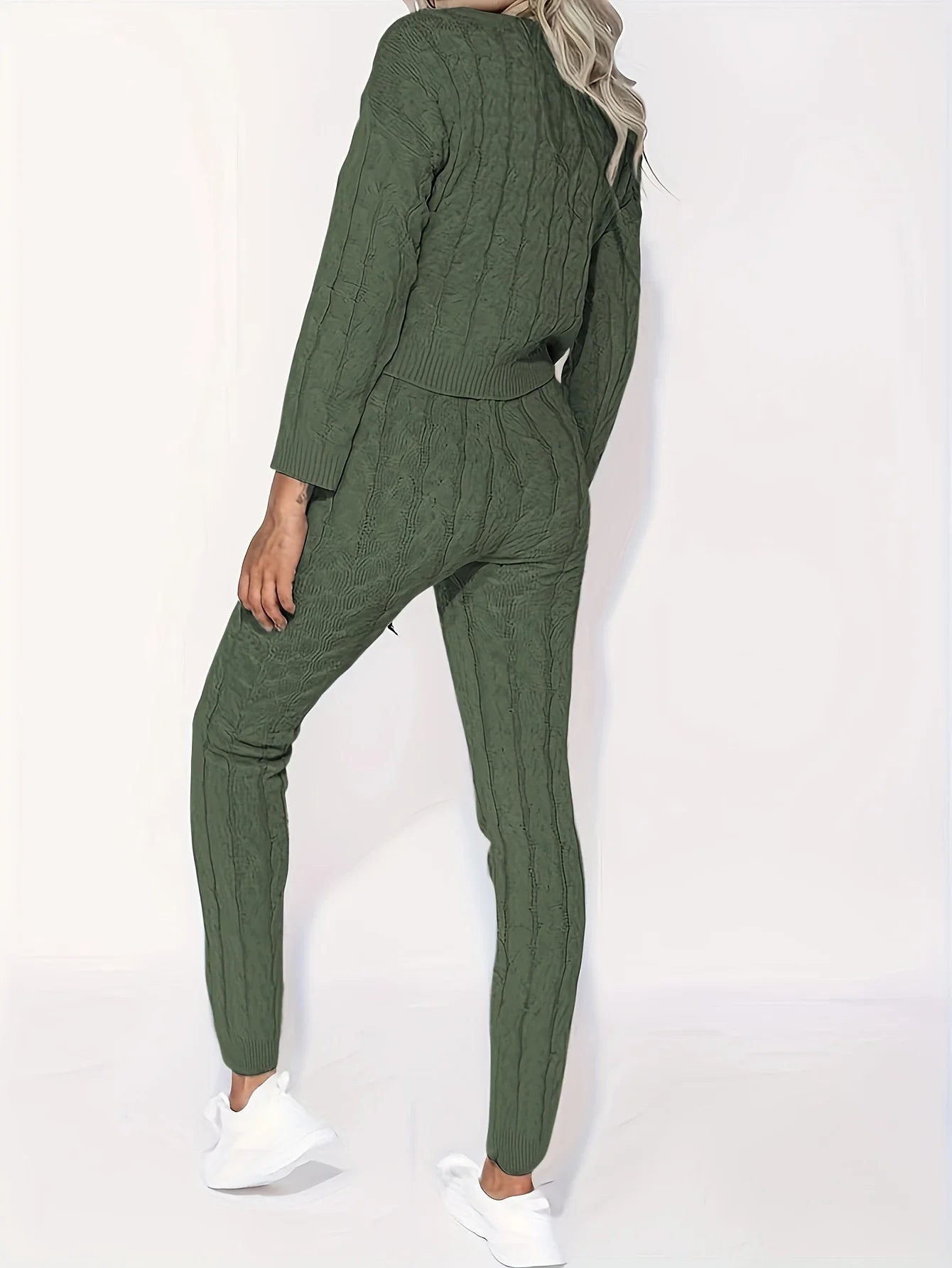 Solid Knitted Matching Two-piece Set  Casual Long Sleeve Sweater & Pants Outfits  Women's Clothing