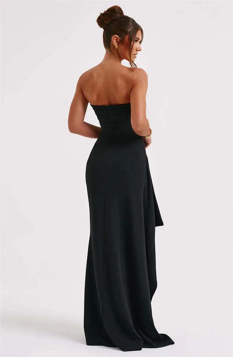 Mozision Strapless Backless High Split Maxi Dress For Women Black Off-shoulder Sleeveless Bodycon Club Party Long Dress Clothes