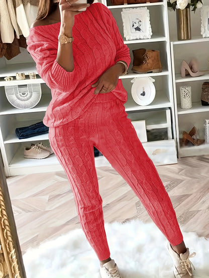 Solid Knitted Matching Two-piece Set  Casual Long Sleeve Sweater & Pants Outfits  Women's Clothing