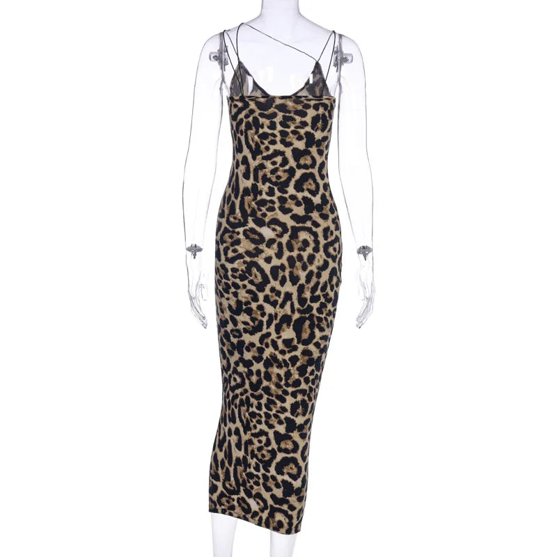 2024 leopard print sleeveless V-neck sexy midi dress spring women fashion streetwear Christmas party outfits