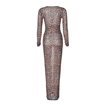 Hugcitar 2024 Leopard Print Mesh Long Sleeve Sexy Slim  See Through Maxi Dress Fall Women Fashion Outfits Beach Vacation Club