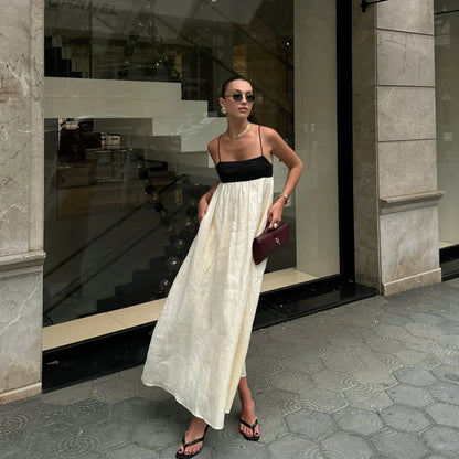 Fashion Contrasting Color Hollow Out Sling Maxi Dress Women Sexy Sleeveless Backless Loose Dresses 2024 Lady Casual Streetwear