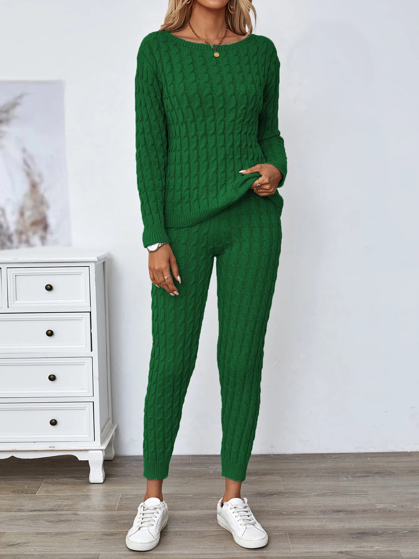 Solid Knitted Matching Two-piece Set  Casual Long Sleeve Sweater & Pants Outfits  Women's Clothing