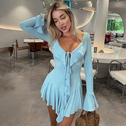 TARUXY White Deep V Neck Ruffled Dress For Women Long Flare Sleeve Autumn Fashion Beach Party Short Dresses Female Sexy Slim