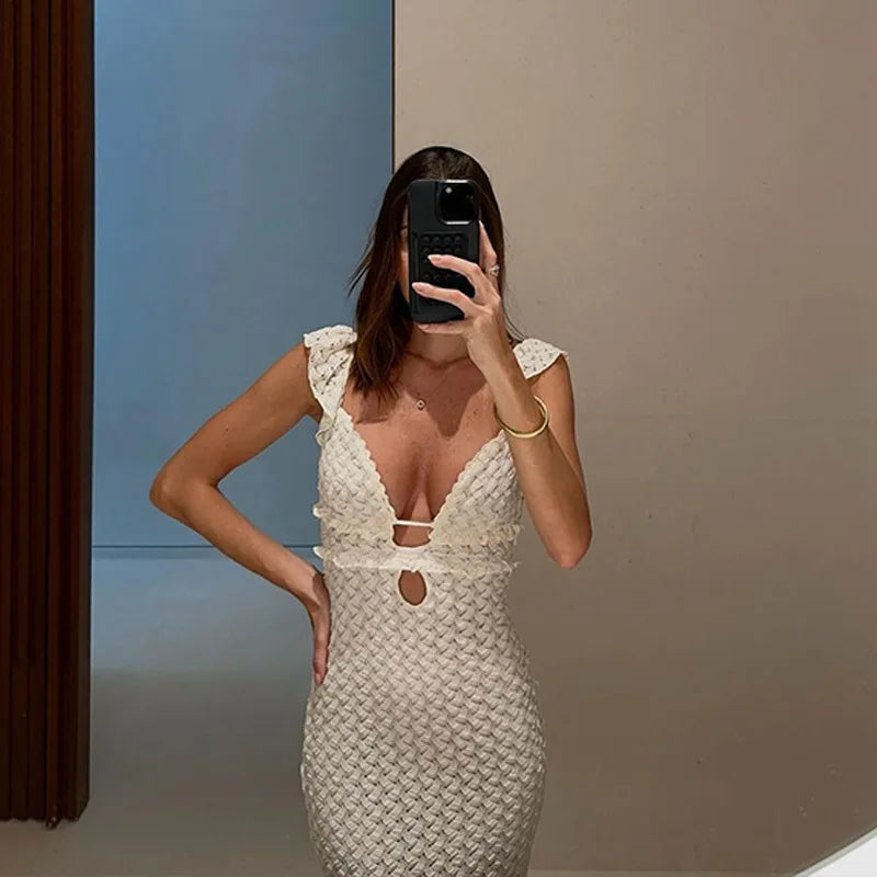 Cryptographic Elegant Tie Detail Sexy Cut Out Backless Dress Party Club Outfits Summer See Through Sleeveless Dresse Robe NEW