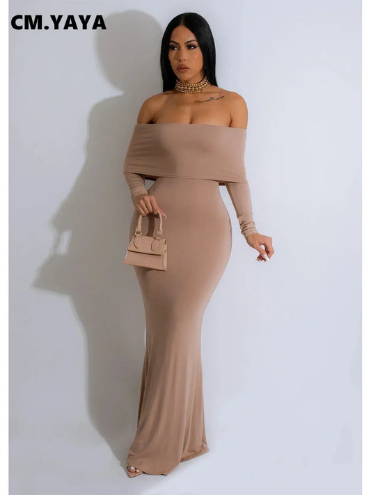 CM.YAYA Women Off Shoulder Butterfly Long Sleeve Bodycon Midi Maxi Dress 2023 Autumn Street Evening Vestidos Sexy Party Dresses