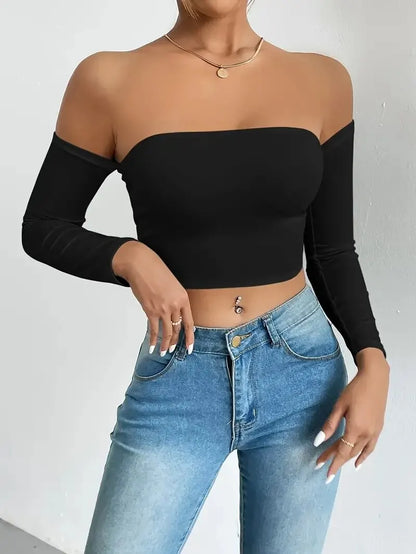 Women's Off Shoulder Long Sleeve Crop Top - Casual Spring/Fall Shirt