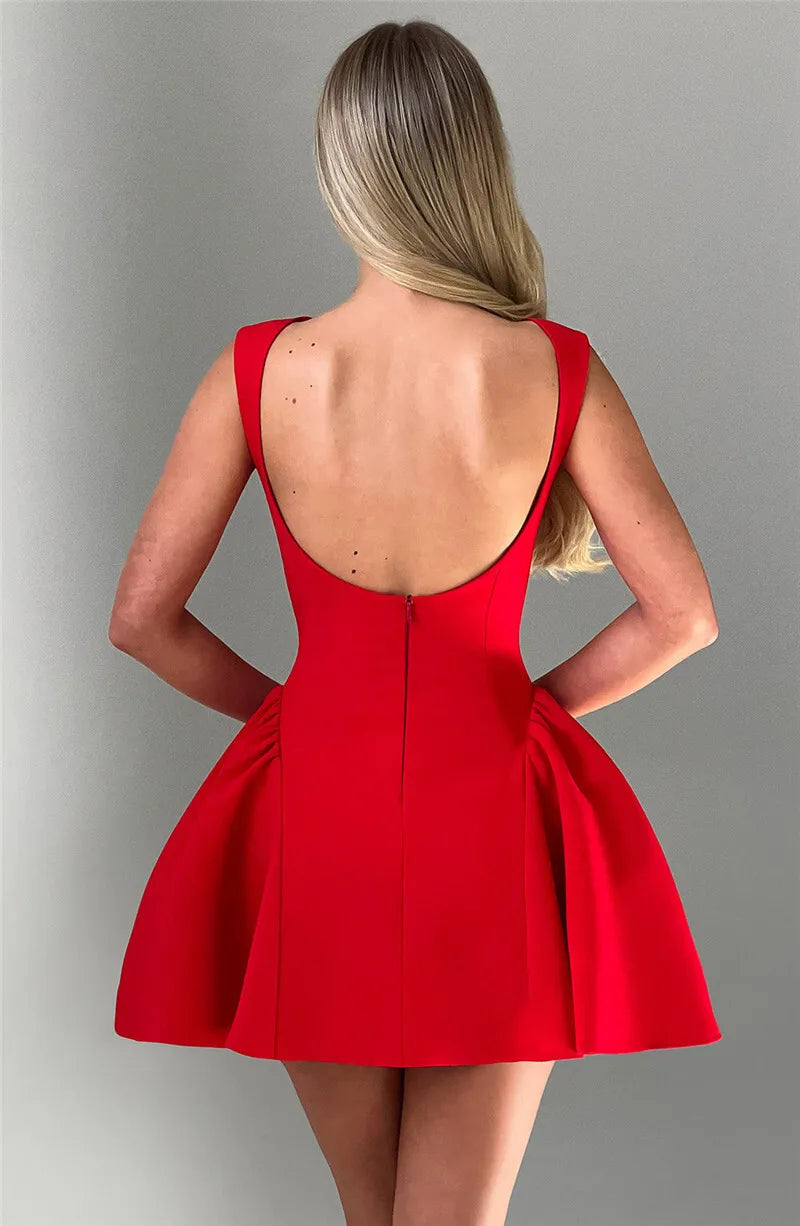 Mozision Backless High Waist A-line Sexy Mini Dress For Women Robe Fashion Solid O Neck Bodycon Club Party Sexy Dress Elegant