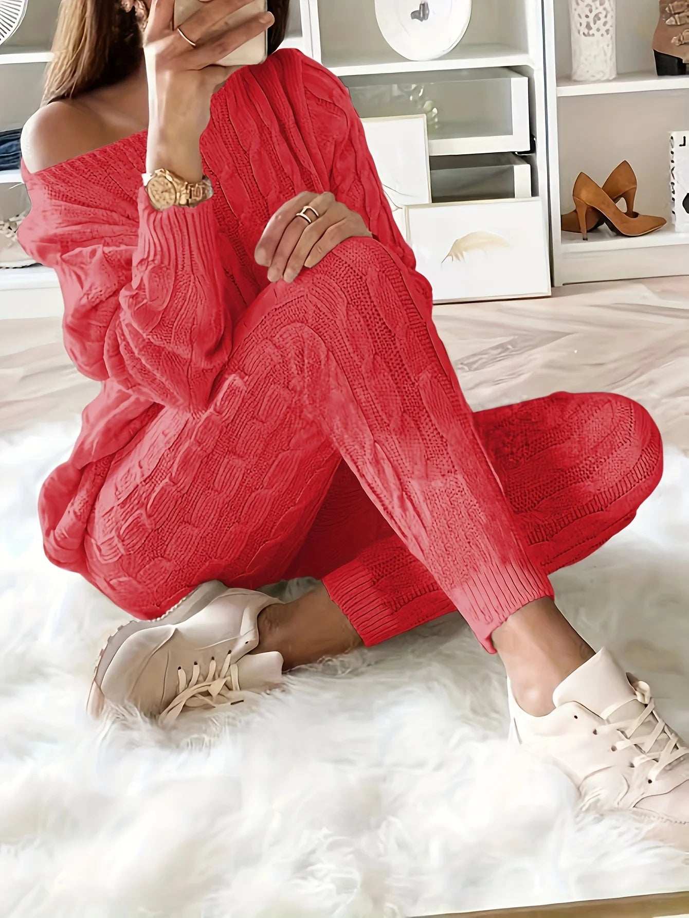 Solid Knitted Matching Two-piece Set  Casual Long Sleeve Sweater & Pants Outfits  Women's Clothing