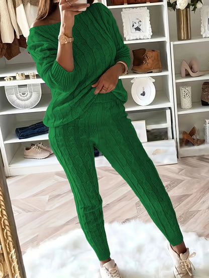 Solid Knitted Matching Two-piece Set  Casual Long Sleeve Sweater & Pants Outfits  Women's Clothing