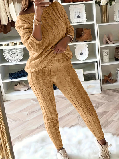 Solid Knitted Matching Two-piece Set  Casual Long Sleeve Sweater & Pants Outfits  Women's Clothing