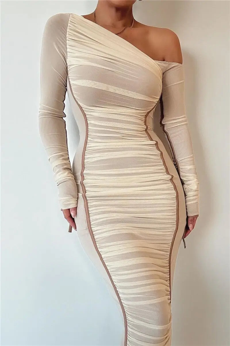 Mozision Diagonal Collar Long Sleeve Midi Dress For Women Two Layer Mesh Backless Ruched Bodycon Club Party Sexy Long Dress