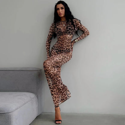 Hugcitar 2024 Leopard Print Mesh Long Sleeve Sexy Slim  See Through Maxi Dress Fall Women Fashion Outfits Beach Vacation Club