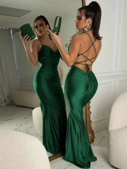 2024 New Lace Up Women Solid Satin Maxi Dress Backless Bodycon Sexy Streetwear Party Elegant Festival Evening Summer Long Dress