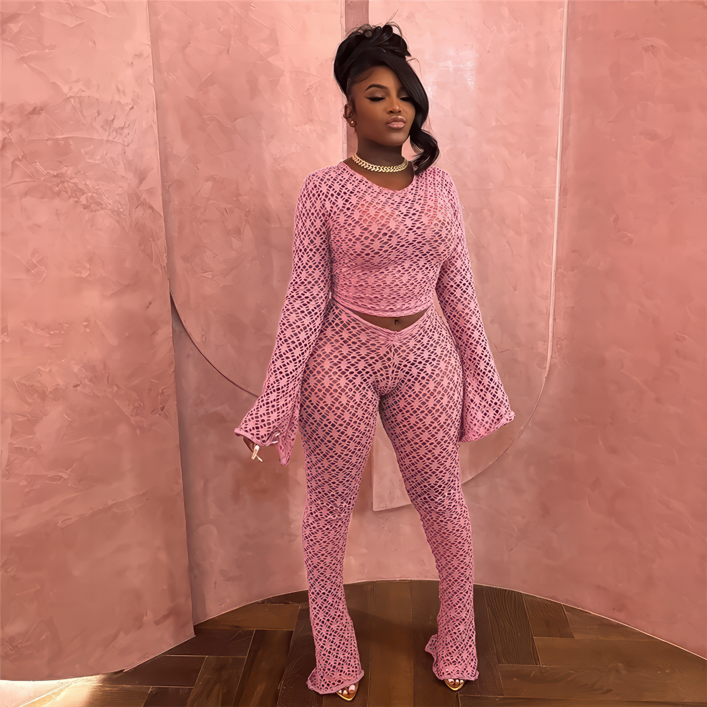 Sexy 2 Piece See Through Flare Pants Matching Sets