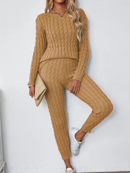 Solid Knitted Matching Two-piece Set  Casual Long Sleeve Sweater & Pants Outfits  Women's Clothing