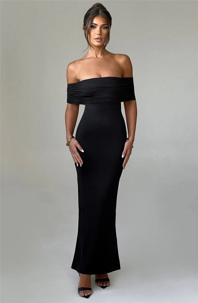 Mozision Strapless Backless Sexy Maxi Dress For Women Black Solid Off-shoulder Sleeveless Bodycon Club Party Long Dress Elegant