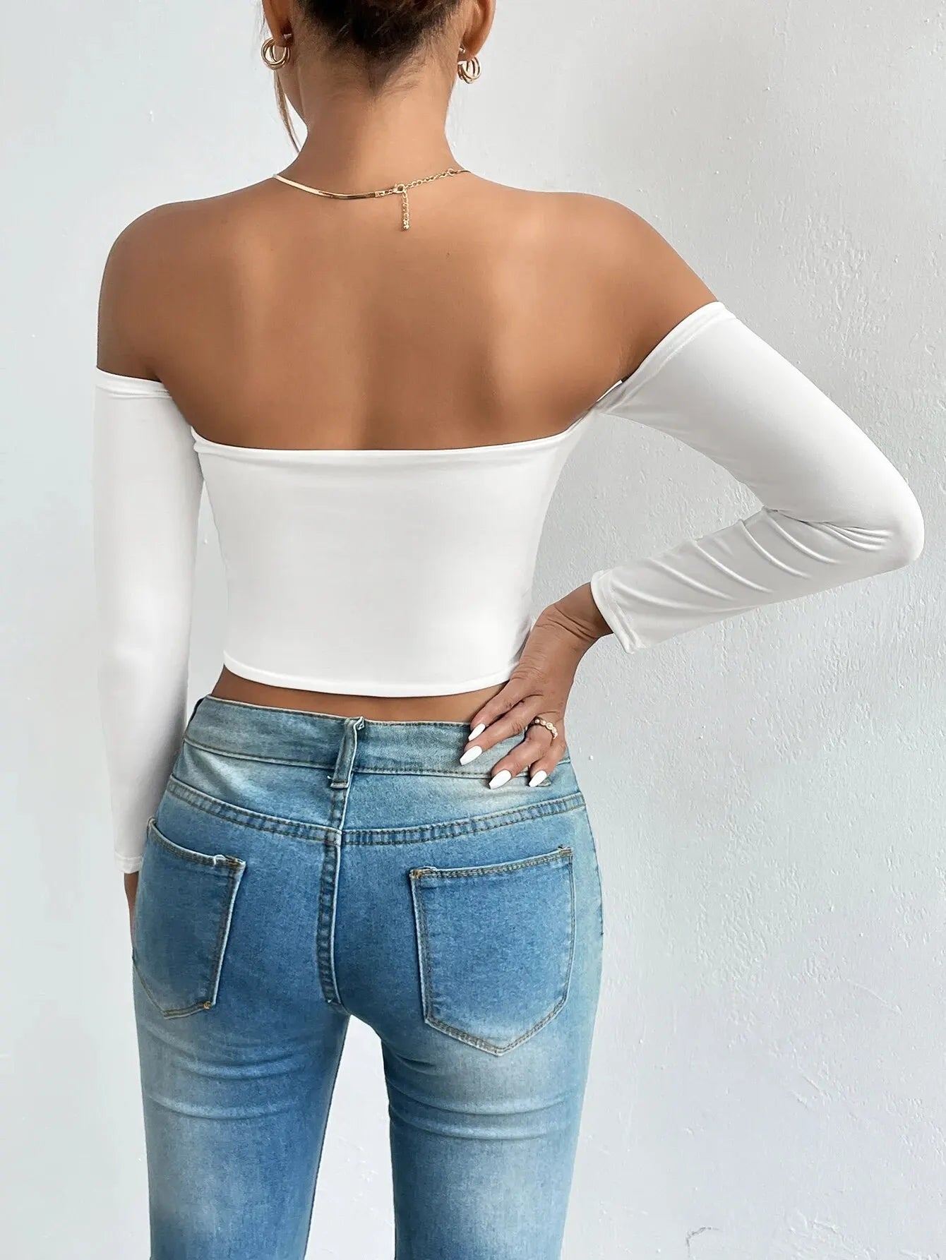 Women's Off Shoulder Long Sleeve Crop Top - Casual Spring/Fall Shirt