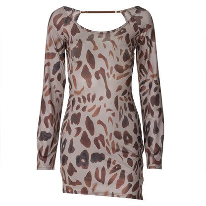 OMSJ New Open Back Leopard Print Wild Sexy Hottie Girls Dress Long Sleeve Hollow Crew Neck Sheath Mini Dress Autumn 2024 Outfits