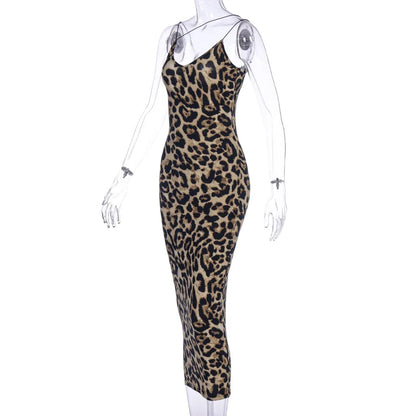 2024 leopard print sleeveless V-neck sexy midi dress spring women fashion streetwear Christmas party outfits