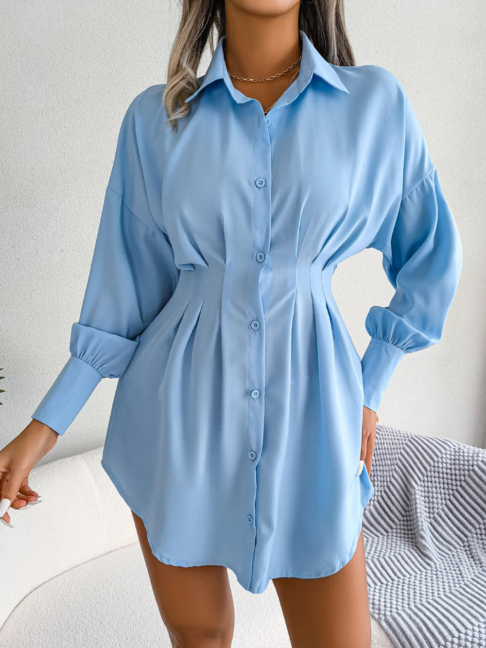 Women Casual Buttons Long Sleeve Shirt Dress Autumn 2023 Clothing White Blue Army Green