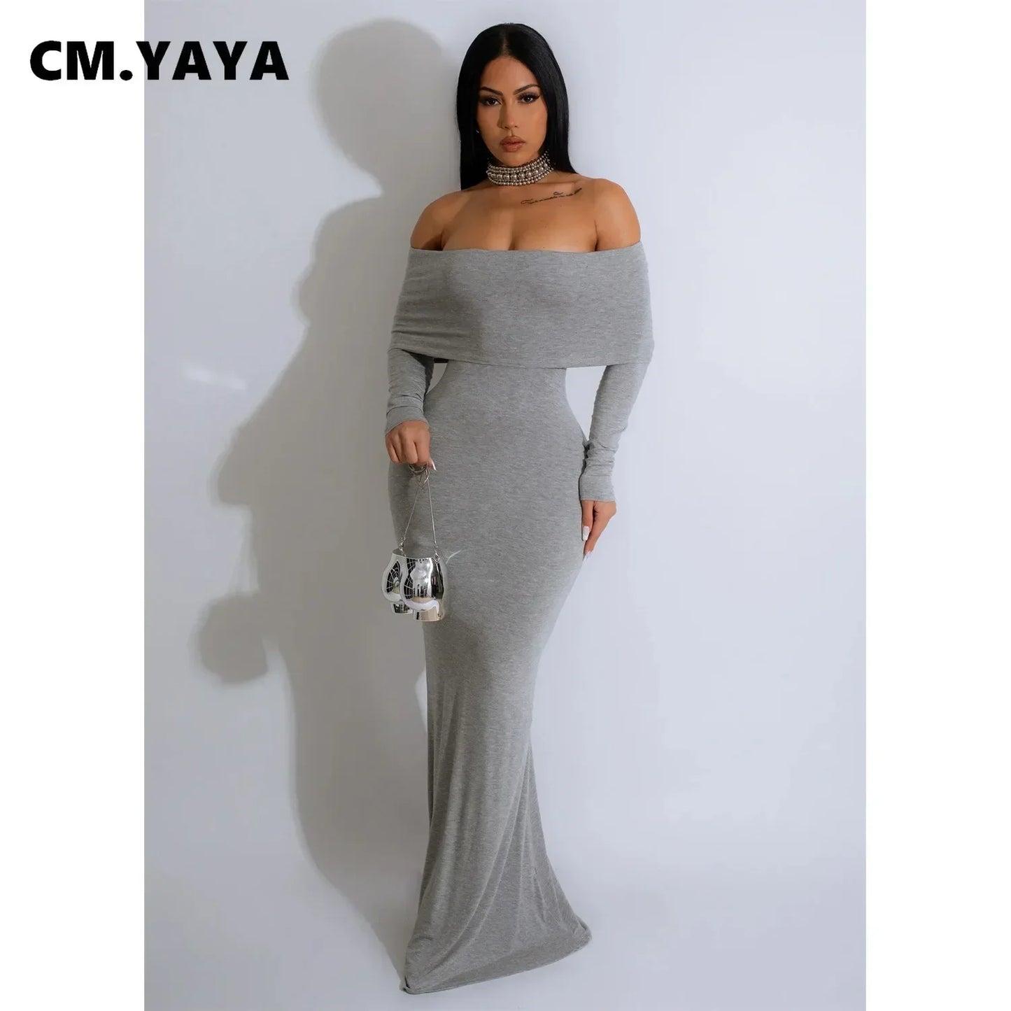 CM.YAYA Women Off Shoulder Butterfly Long Sleeve Bodycon Midi Maxi Dress 2023 Autumn Street Evening Vestidos Sexy Party Dresses