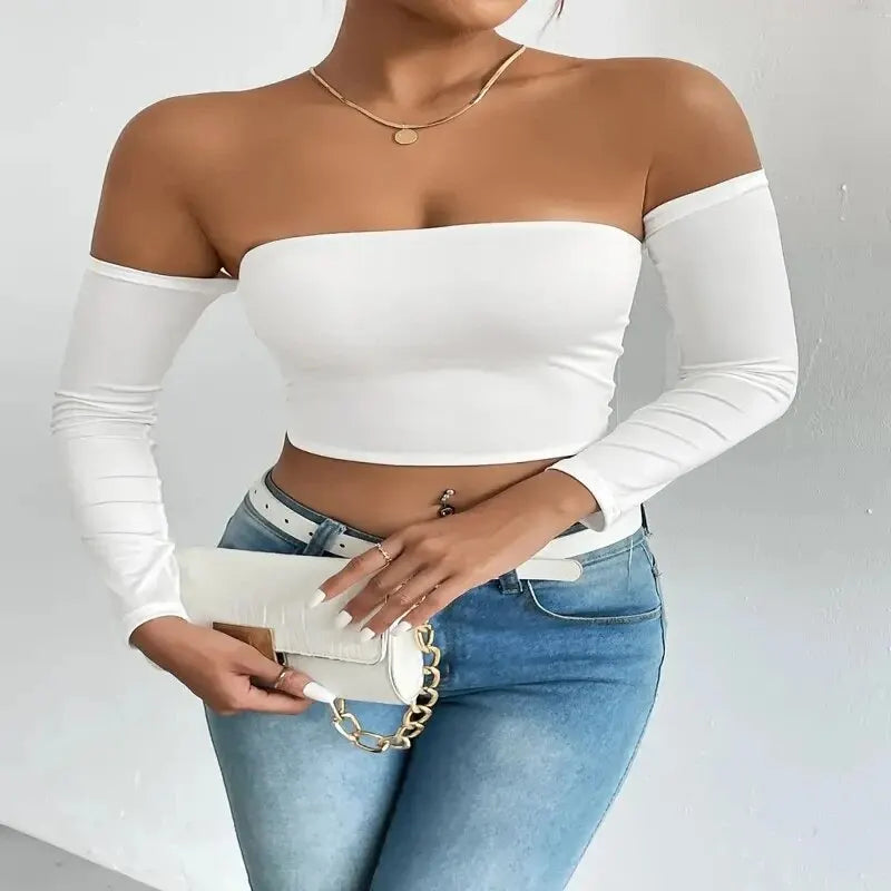 Women's Off Shoulder Long Sleeve Crop Top - Casual Spring/Fall Shirt