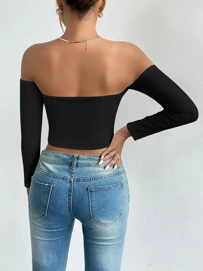 Women's Off Shoulder Long Sleeve Crop Top - Casual Spring/Fall Shirt