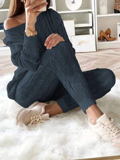 Solid Knitted Matching Two-piece Set  Casual Long Sleeve Sweater & Pants Outfits  Women's Clothing