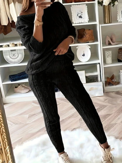 Solid Knitted Matching Two-piece Set  Casual Long Sleeve Sweater & Pants Outfits  Women's Clothing