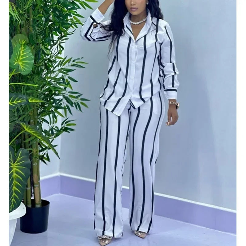 African Fashion Stripe Two Piece Set Women Spring Autumn Casual Button Long Sleeved Shirt Wide Leg Pants Two Piece Set Women