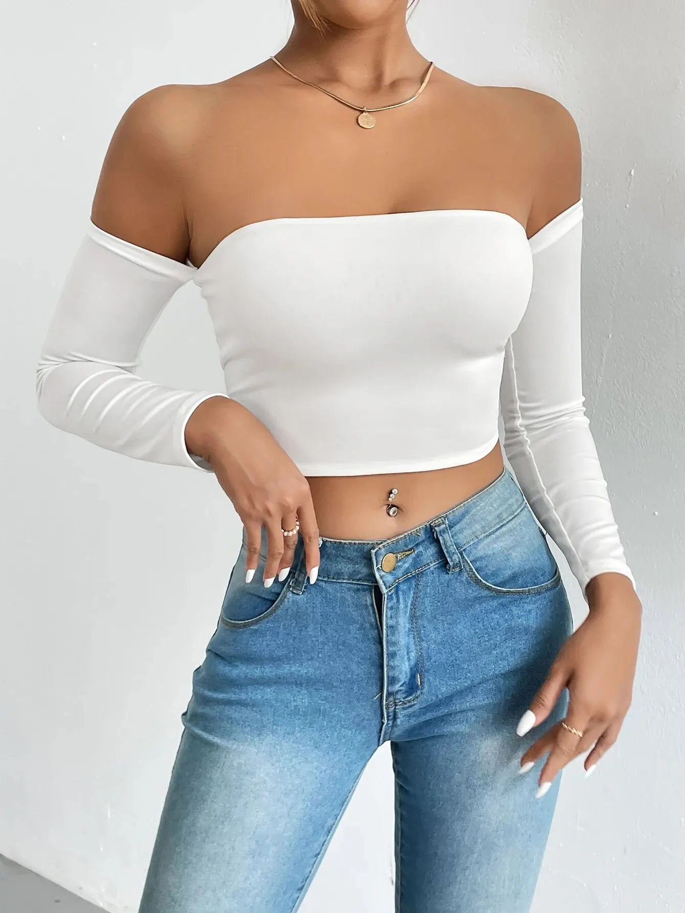 Women's Off Shoulder Long Sleeve Crop Top - Casual Spring/Fall Shirt