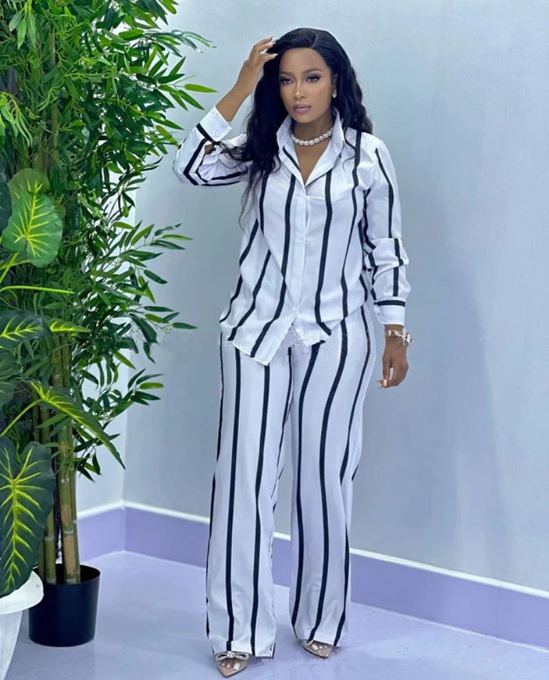 African Fashion Stripe Two Piece Set Women Spring Autumn Casual Button Long Sleeved Shirt Wide Leg Pants Two Piece Set Women