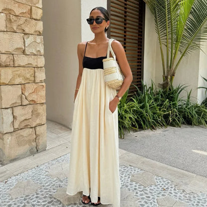 Fashion Contrasting Color Hollow Out Sling Maxi Dress Women Sexy Sleeveless Backless Loose Dresses 2024 Lady Casual Streetwear