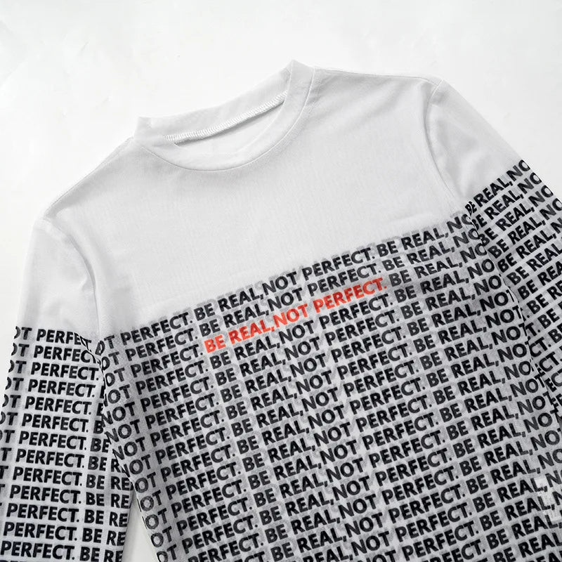 Shestyle Letter Printed Mesh Transparent Bodystui Women Panelled Newspaper Long Sleeve Round Neck T-Shirts Thong Beautiful Hot