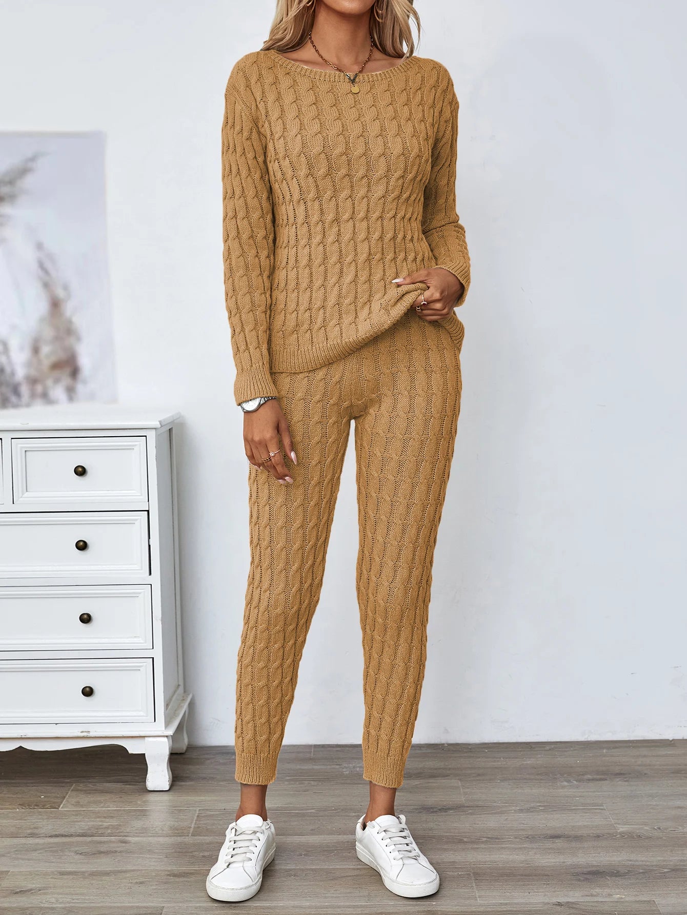 Solid Knitted Matching Two-piece Set  Casual Long Sleeve Sweater & Pants Outfits  Women's Clothing