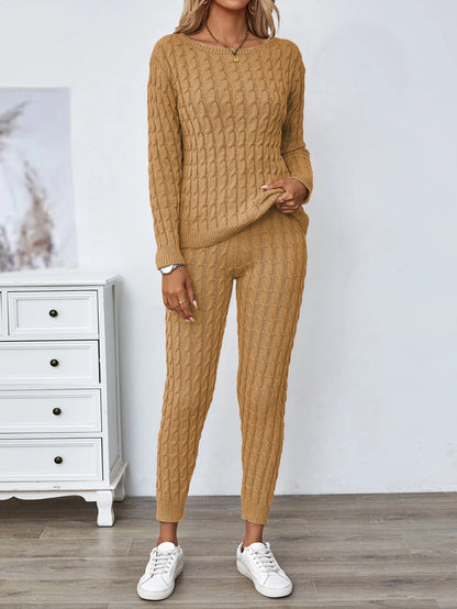 Solid Knitted Matching Two-piece Set  Casual Long Sleeve Sweater & Pants Outfits  Women's Clothing