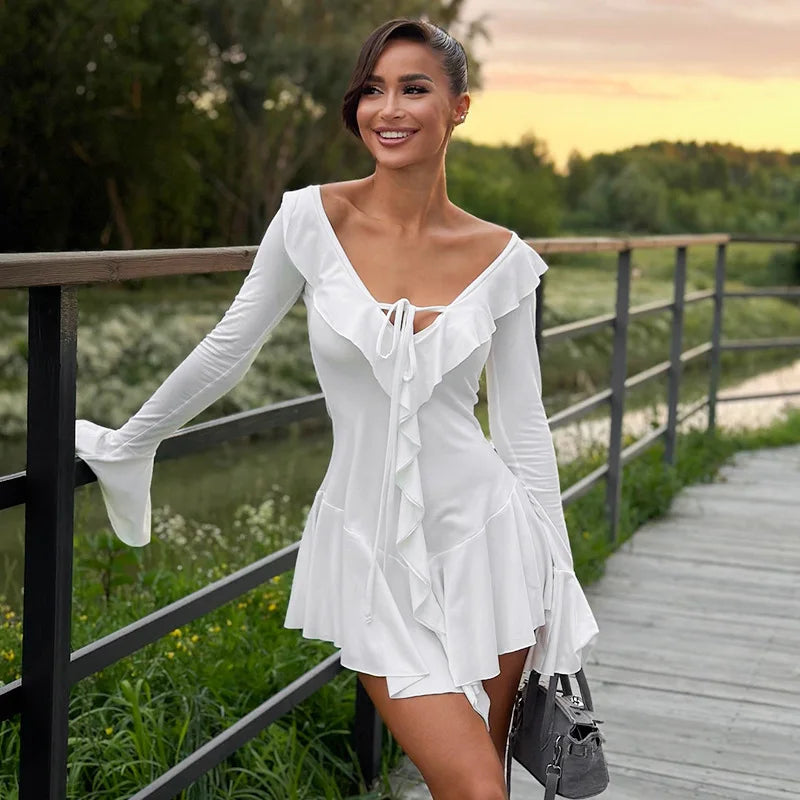 TARUXY White Deep V Neck Ruffled Dress For Women Long Flare Sleeve Autumn Fashion Beach Party Short Dresses Female Sexy Slim