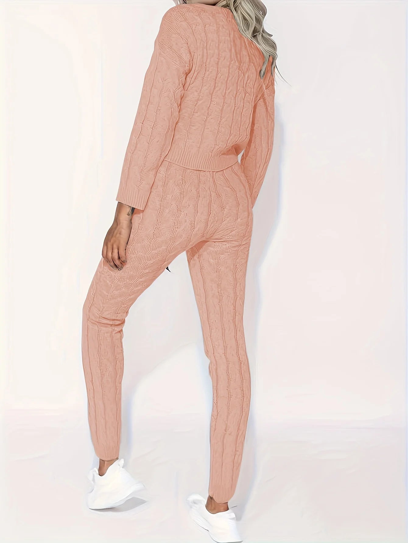 Solid Knitted Matching Two-piece Set  Casual Long Sleeve Sweater & Pants Outfits  Women's Clothing