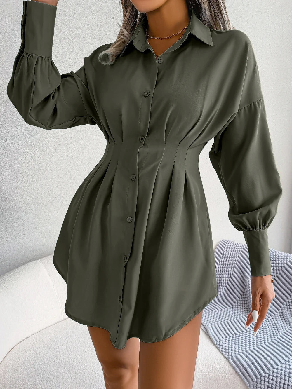 Women Casual Buttons Long Sleeve Shirt Dress Autumn 2023 Clothing White Blue Army Green