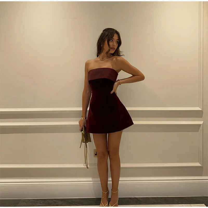 Elegant Burgundy Strapless Velvet Mini Dress Sexy Backless High Waist A-line Dresses Vintage Evening Club Party Female Robes