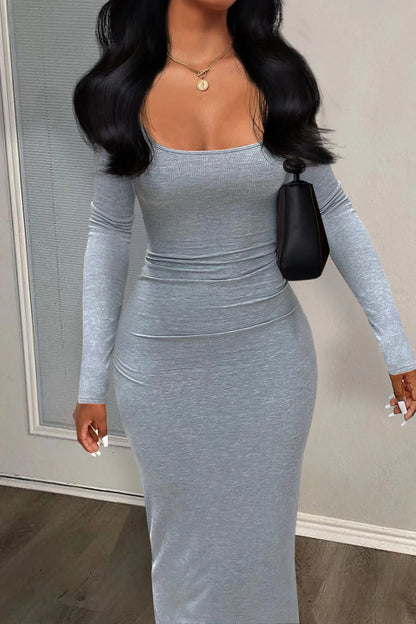 Women Dresses Long Sleeve Sheath Square Collar Slim Fit Dress Vestidos Slight Strech Streetwear Solid Sexy Wrap Buttocks