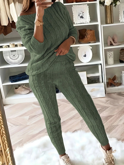 Solid Knitted Matching Two-piece Set  Casual Long Sleeve Sweater & Pants Outfits  Women's Clothing